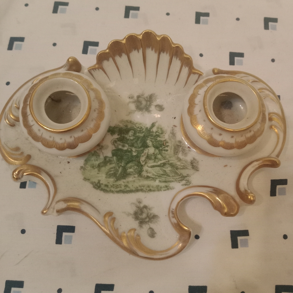 vintage hand painted floral gilt ornate Unterweissbach porcelain writing inkwell